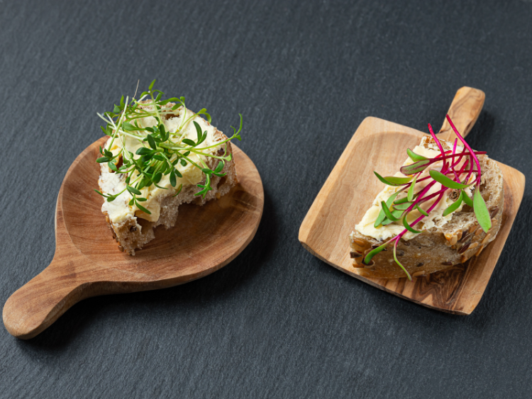 Cereal Toasts with Creamy Cheese, Watercress & Beetroot Microgreens