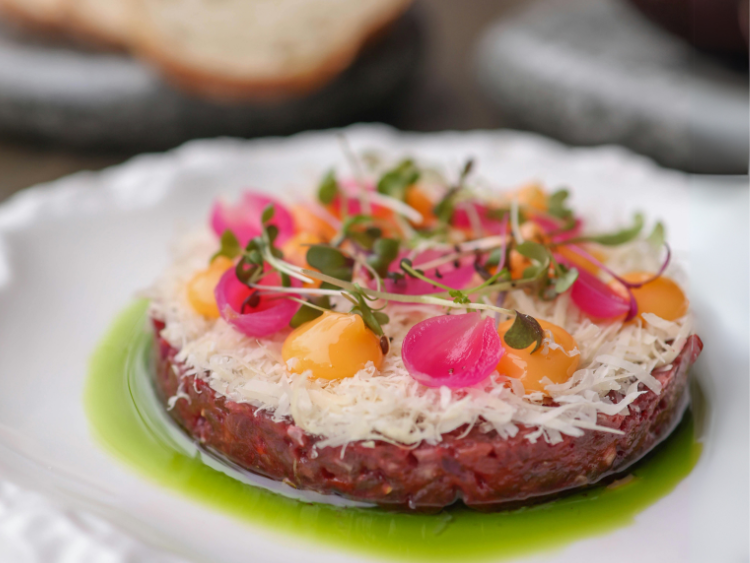 Gourmet Beef Tartare with Microgreens, Pickled Vegetables & Egg Yolk Pearls