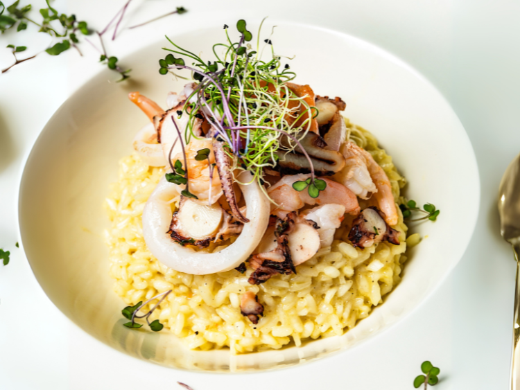 Creamy Seafood Risotto with Microgreens