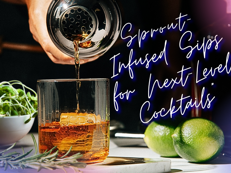 Sprout-infused cocktail being poured into glass with ice, fresh limes and microgreens on table — creative mixology for parties
