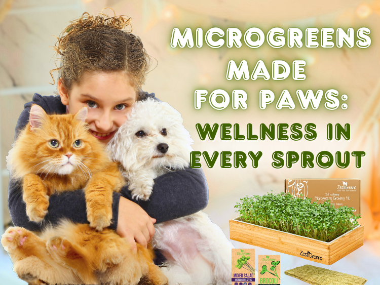 Girl smiling with dog and cat beside ZestiGreens microgreens kit for pets’ nutrition.