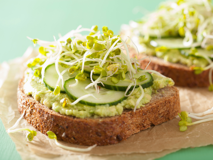 Healthy Rye Bread with Avocado, Cucumber and Radish Sprouts