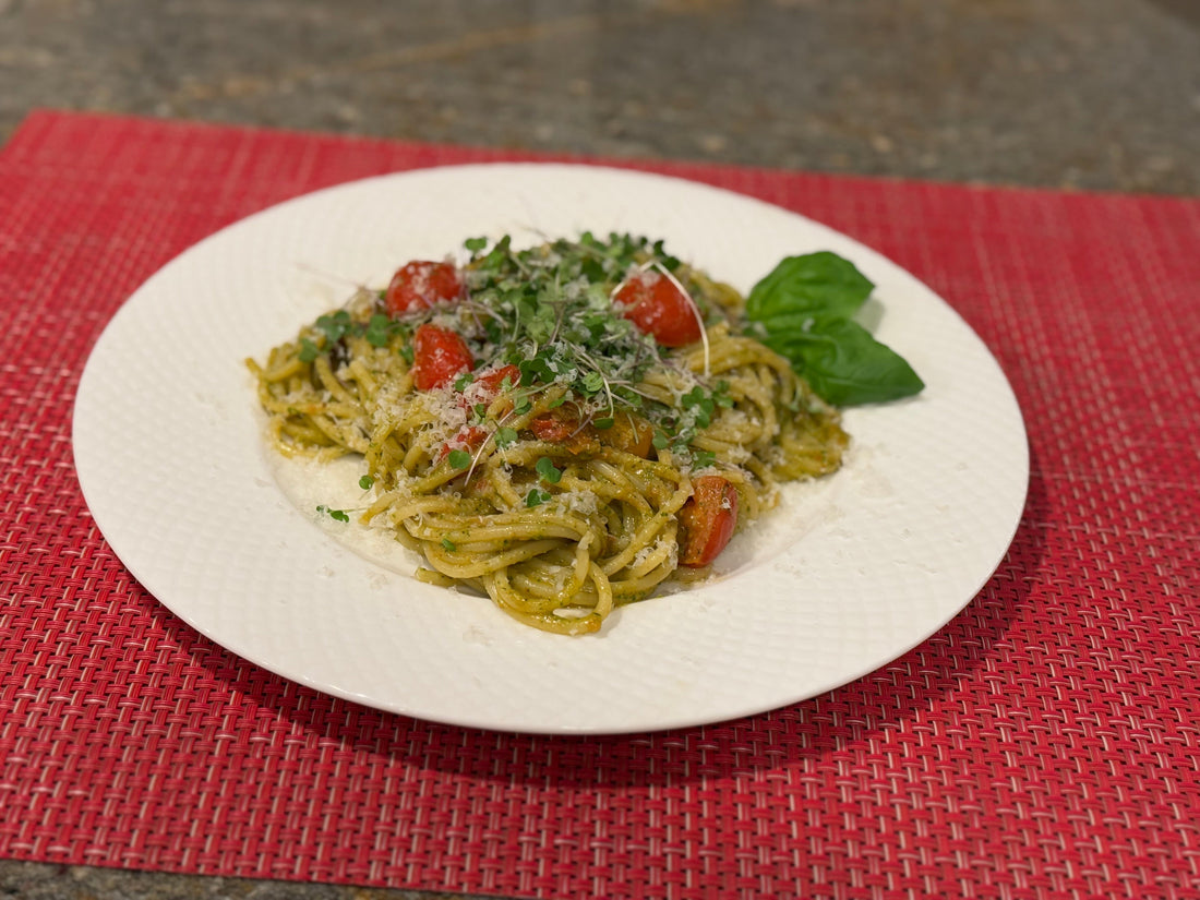 Broccoli Microgreens Pesto Pasta with Cherry Tomatoes