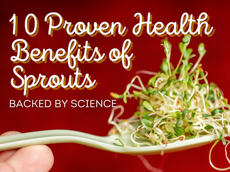 Spoonful of fresh green sprouts against a red background with overlay text: ‘10 Proven Health Benefits of Sprouts – Backed by Science’.