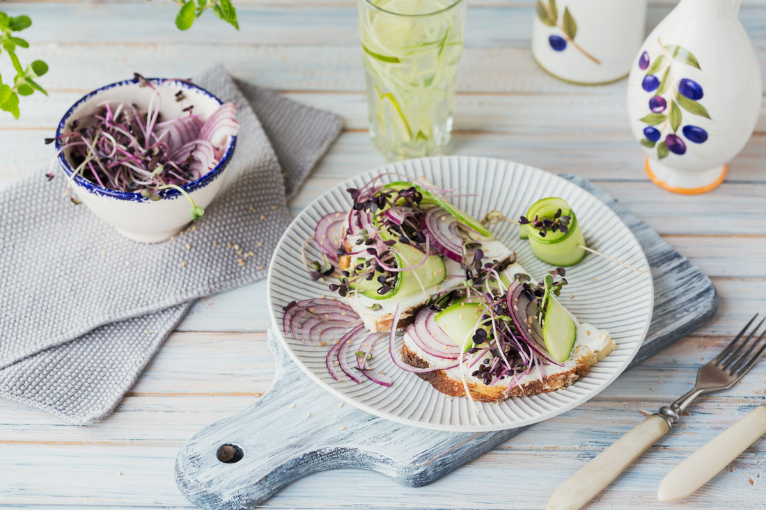 Fresh Veggie Bruschetta with Creamy Cheese and Sprouts