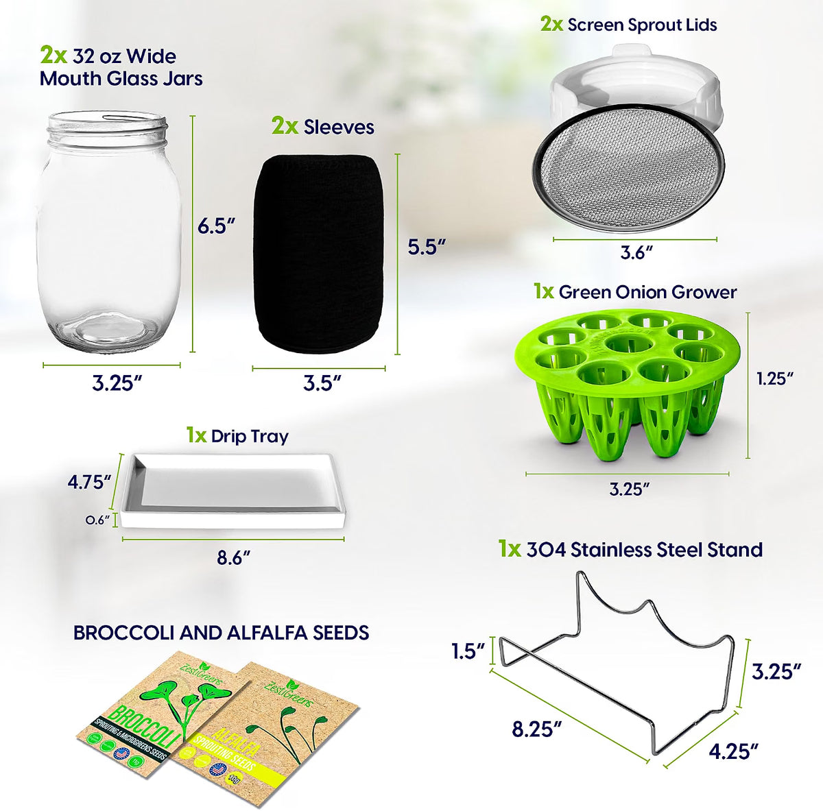 Sprouting Jar Kit 2 Mason Jars with Broccoli Alfalfa Seeds