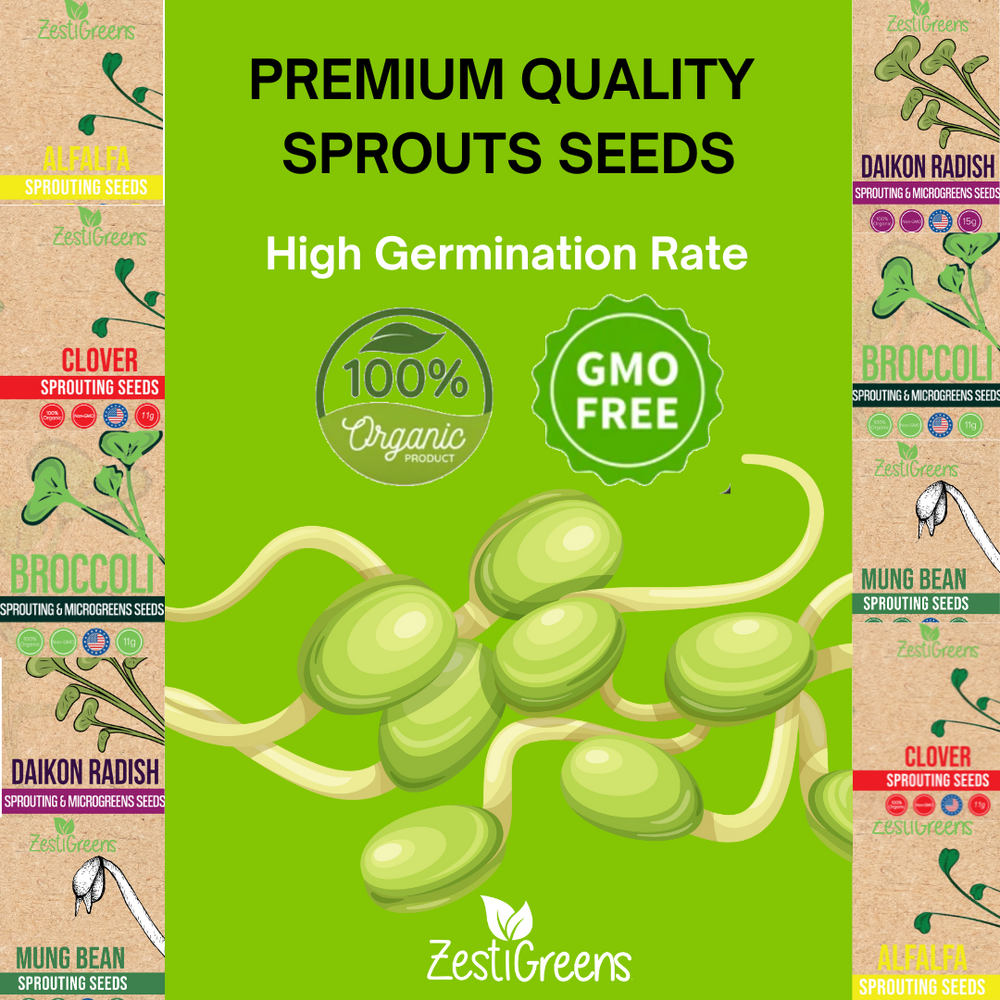 
                  
                    ZestiGreens Alfalfa, Mung Bean, Broccoli, Clover, Daikon Radish Sprouting Seeds, 100% Organic, Non-GMO, Made in USA
                  
                