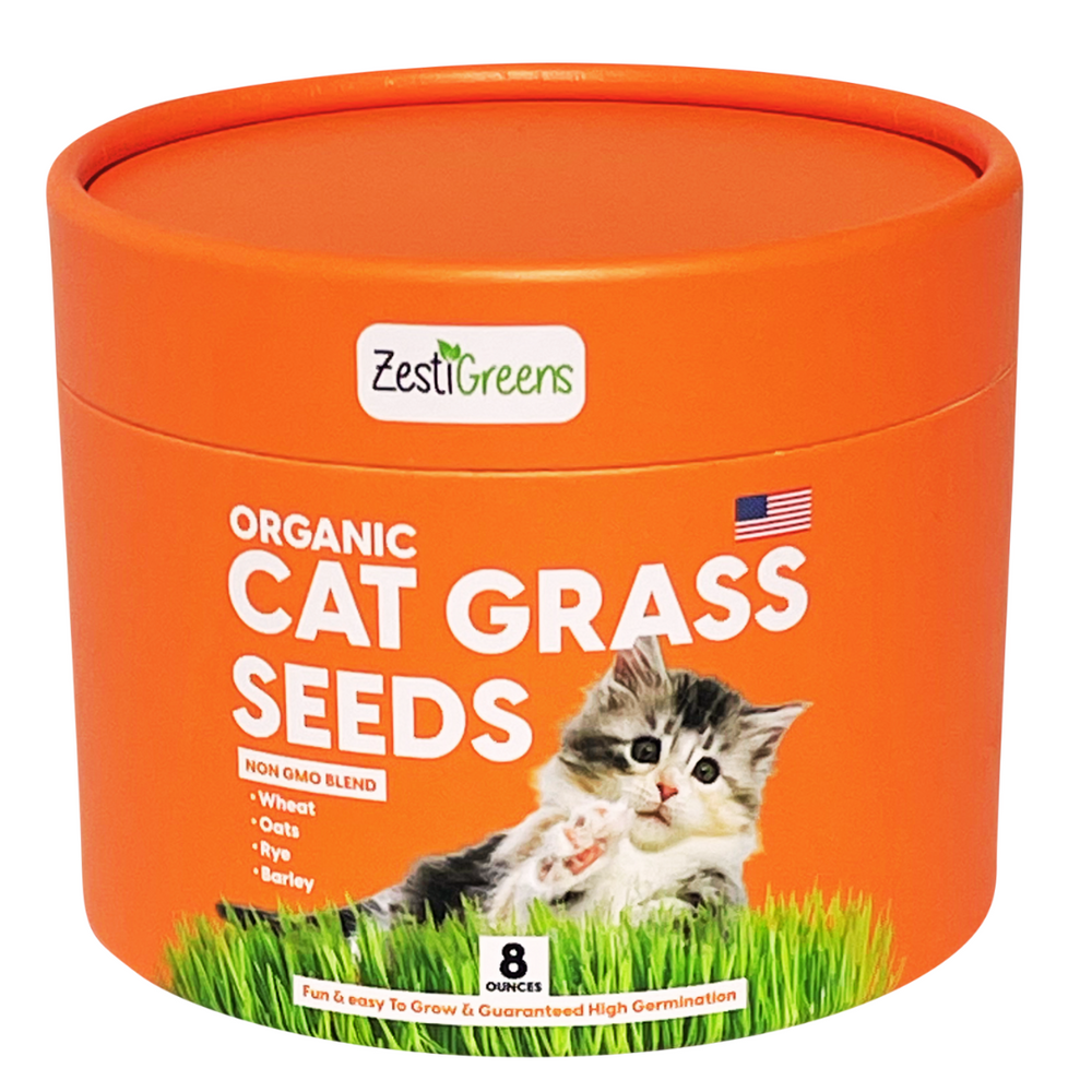 ZESTIGREENS Organic Cat Grass Seeds - 8 oz. Non-GMO Blend of Wheat, Oats, Rye & Barley for Indoor Cats | Seeds Come in Food Grade Container with Lid for Easier Scooping & Keeping Fresher