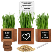 Cat Grass Growing Kit with 3 Mini Wooden Planters, Seeds & Soil.