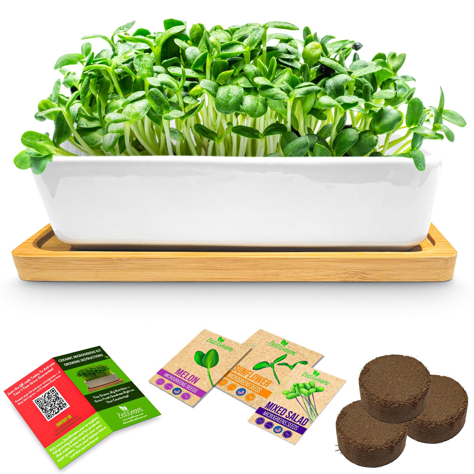 Ceramic Microgreens Growing Kit to Grow 3 Crops Including Organic USDA Sunflower, Melon & Mixed Microgreens Seeds.