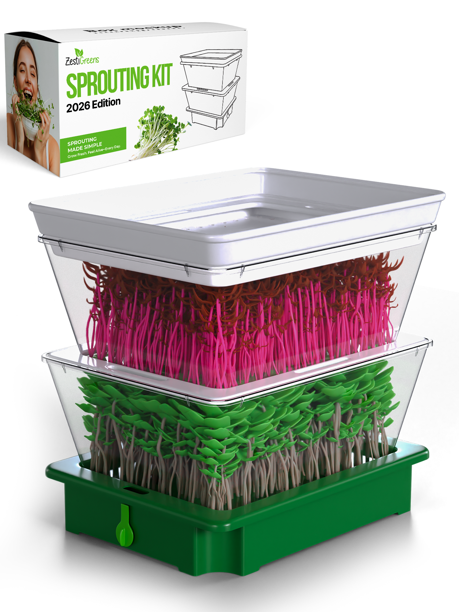 ZESTIGREENS Tiered Sprouting Kit with Drain Spout – Stackable Seed Sprouter Trays for Growing Fresh Sprouts at Home – BPA-Free, Easy Rinse & Drain System