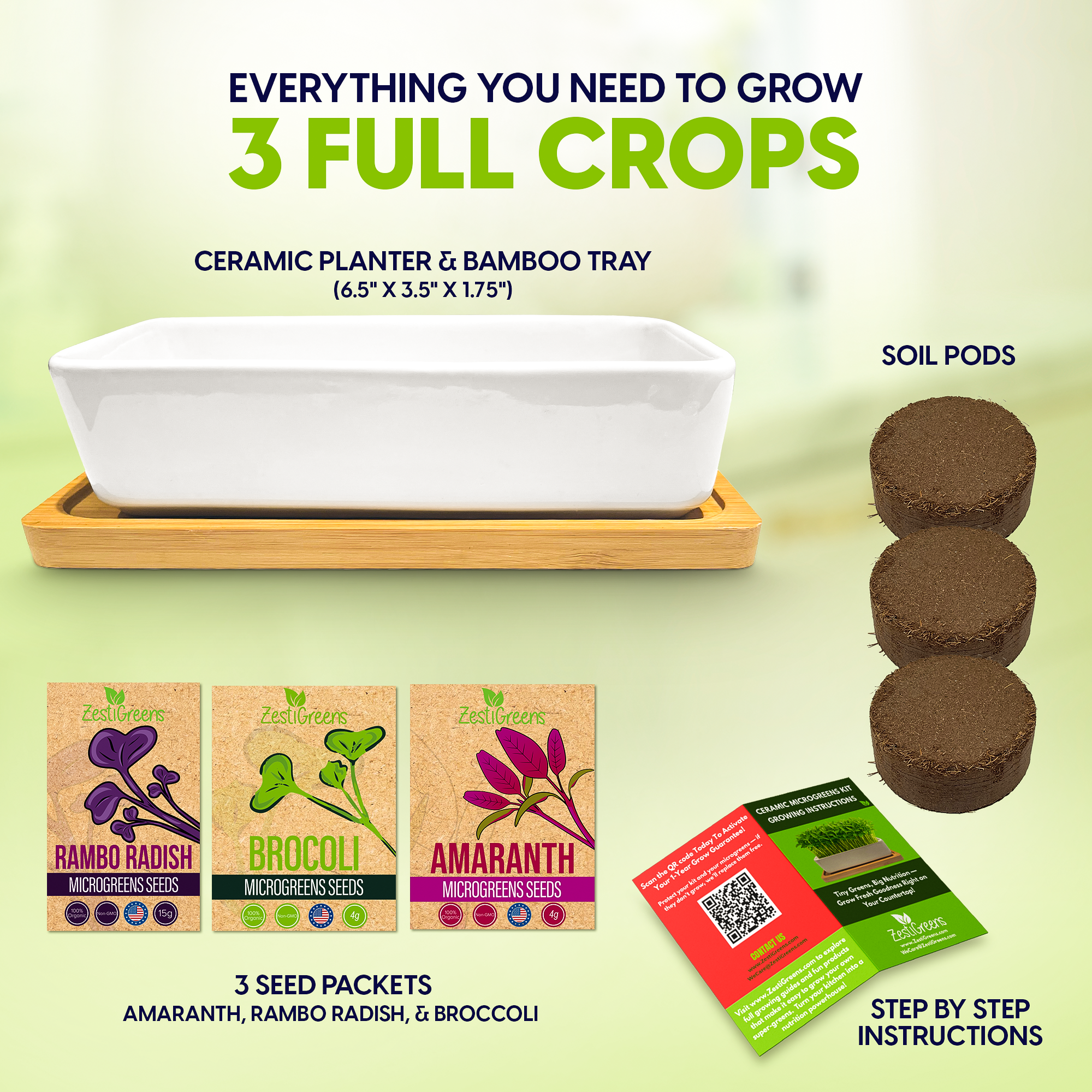 Ceramic Microgreens Growing Kit to Grow 3 Crops Including Organic USDA Red Amaranth, Purple Rambo Radish & Broccoli Microgreens Seeds.