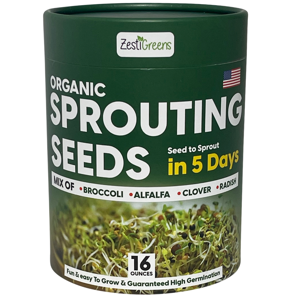 Fresh Sprouting Seeds Mix (16oz) Broccoli, Alfalfa, Radish, Clover Seeds in Food Grade Colorful Container with Lid for Easier Scooping & Keeping Fresher