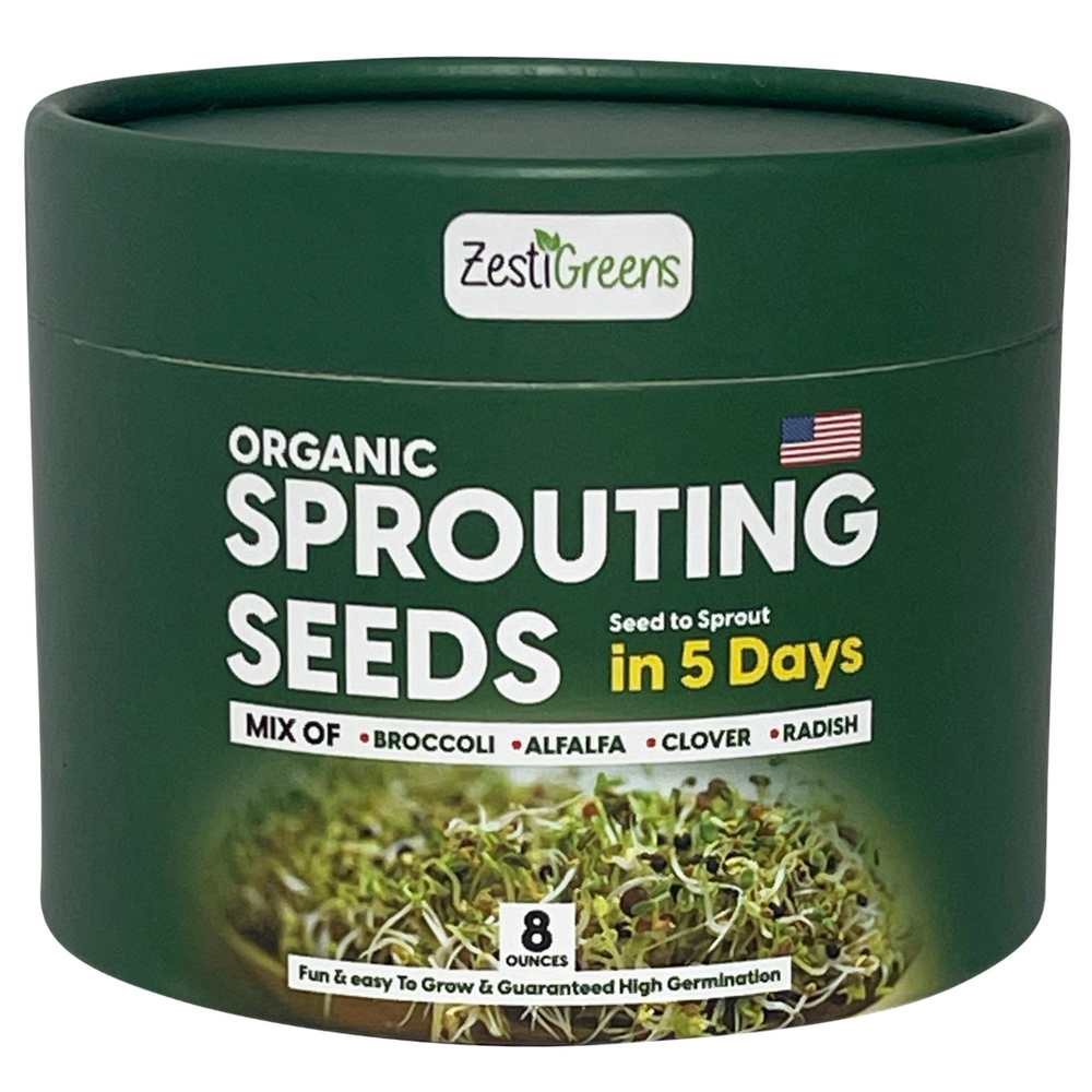 Fresh Sprouting Seeds Mix Broccoli, Alfalfa, Radish, Clover Seeds (8 oz.) in Food Grade Colorful Container with Lid for Easier Scooping & Keeping Fresher