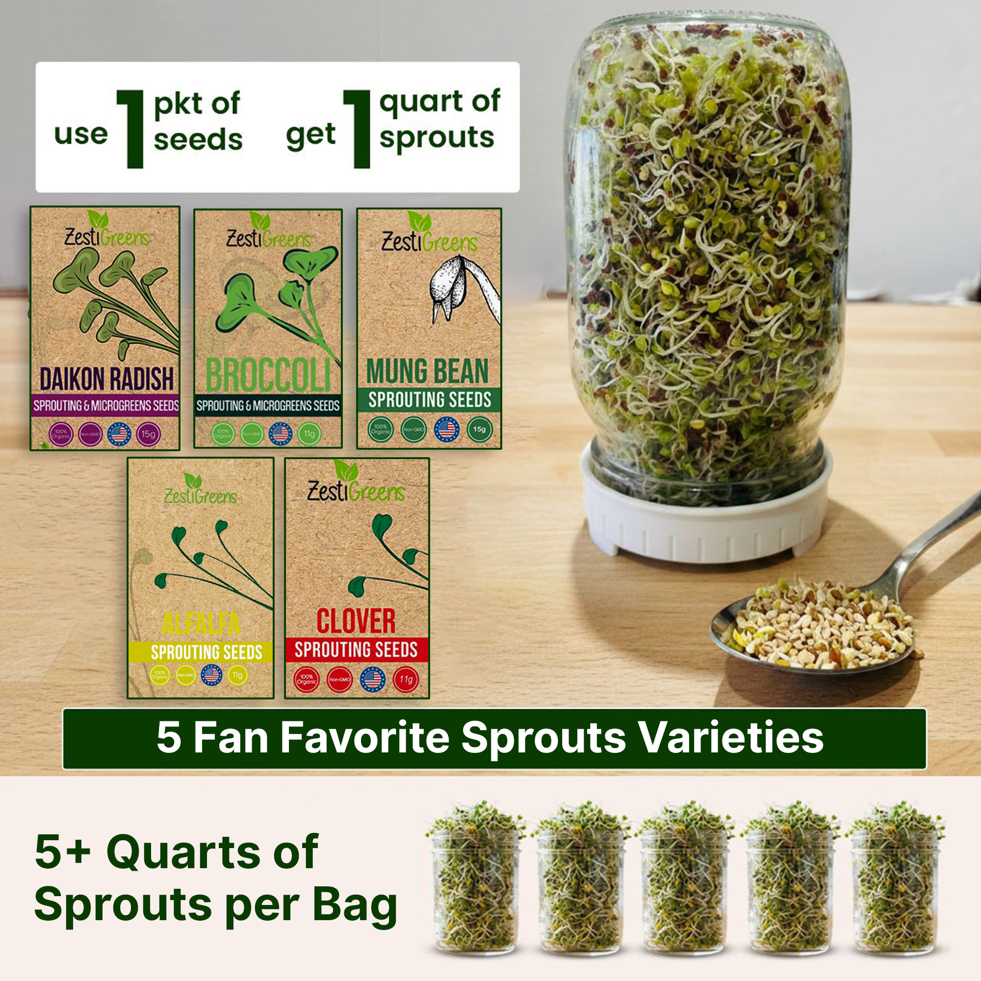 Organic 5 Variety Pack of Fresh Sprouting Seeds
