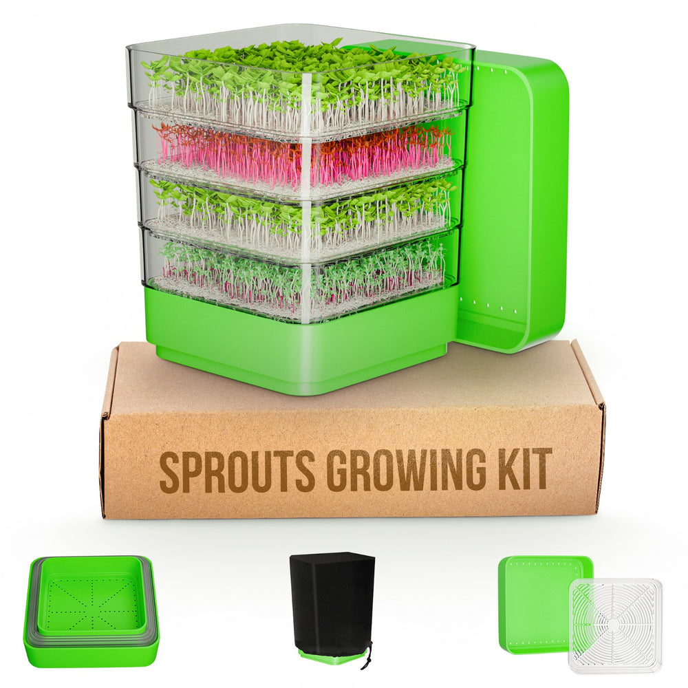 Sprouts Growing Kit, 4-Tier Stackable Seed Sprouter Trays with Sprout Lid, Blackout Sleeve & Drain Tray. This sprouting kit is the easy way to grow Broccoli Sprouts, Alfalfa Sprouts and Bean Sprouts.