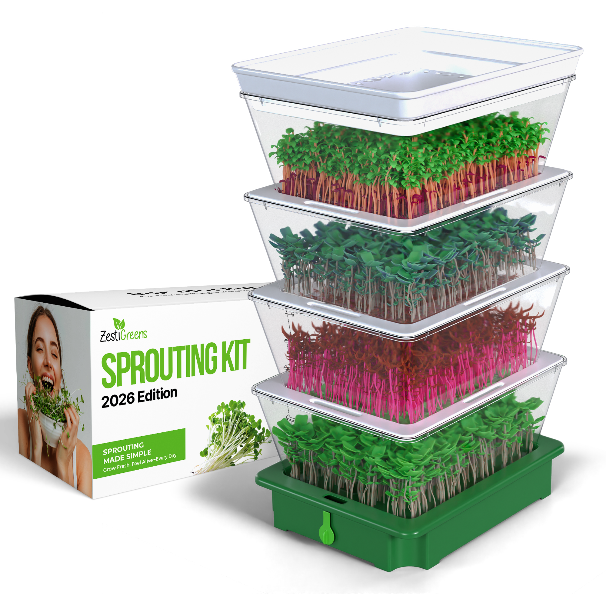 ZESTIGREENS 4-Tier Sprouting Kit with Drain Spout – Stackable Seed Sprouter Trays for Growing Fresh Sprouts at Home – BPA-Free, Easy Rinse & Drain System