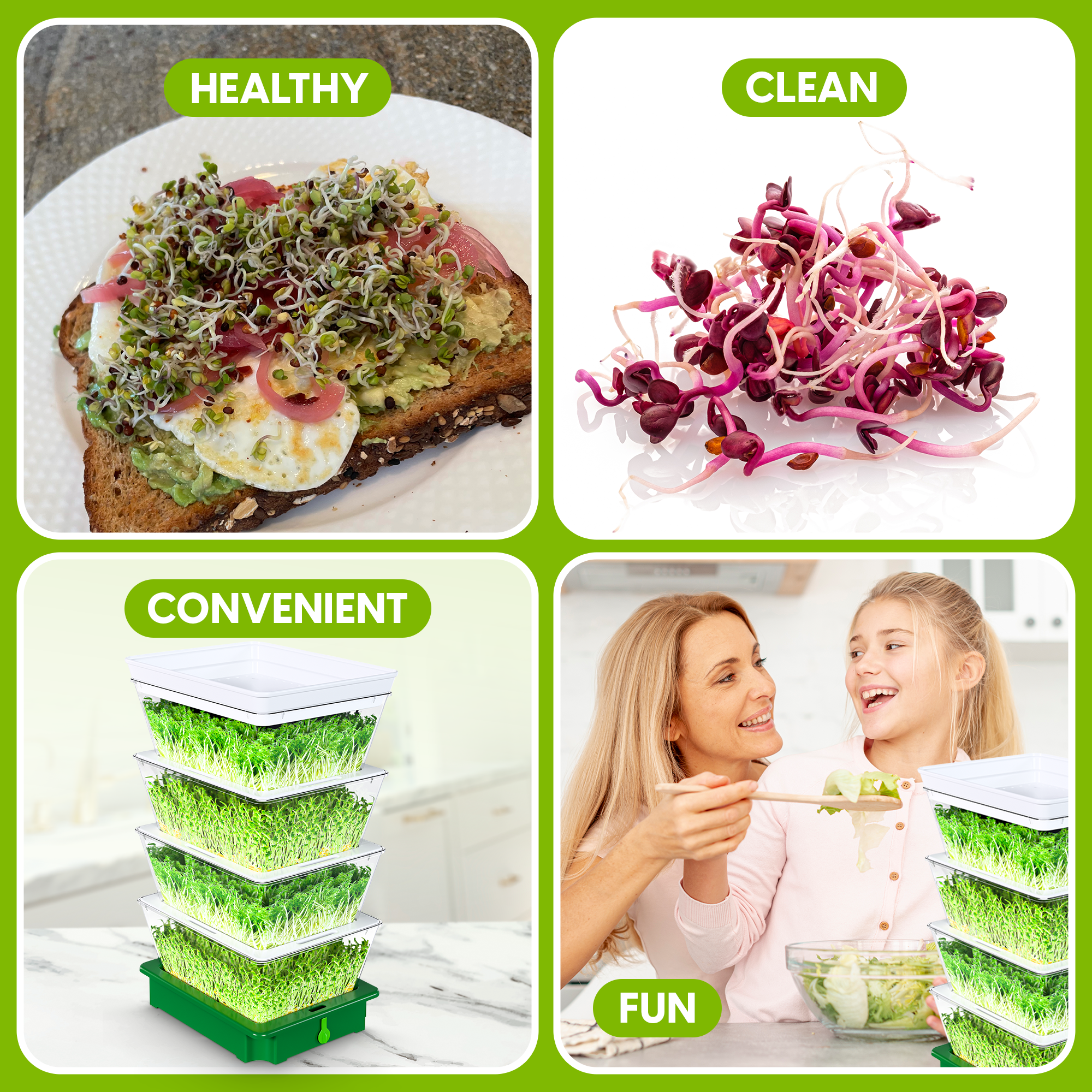 ZESTIGREENS 4-Tier Sprouting Kit with Drain Spout – Stackable Seed Sprouter Trays for Growing Fresh Sprouts at Home – BPA-Free, Easy Rinse & Drain System