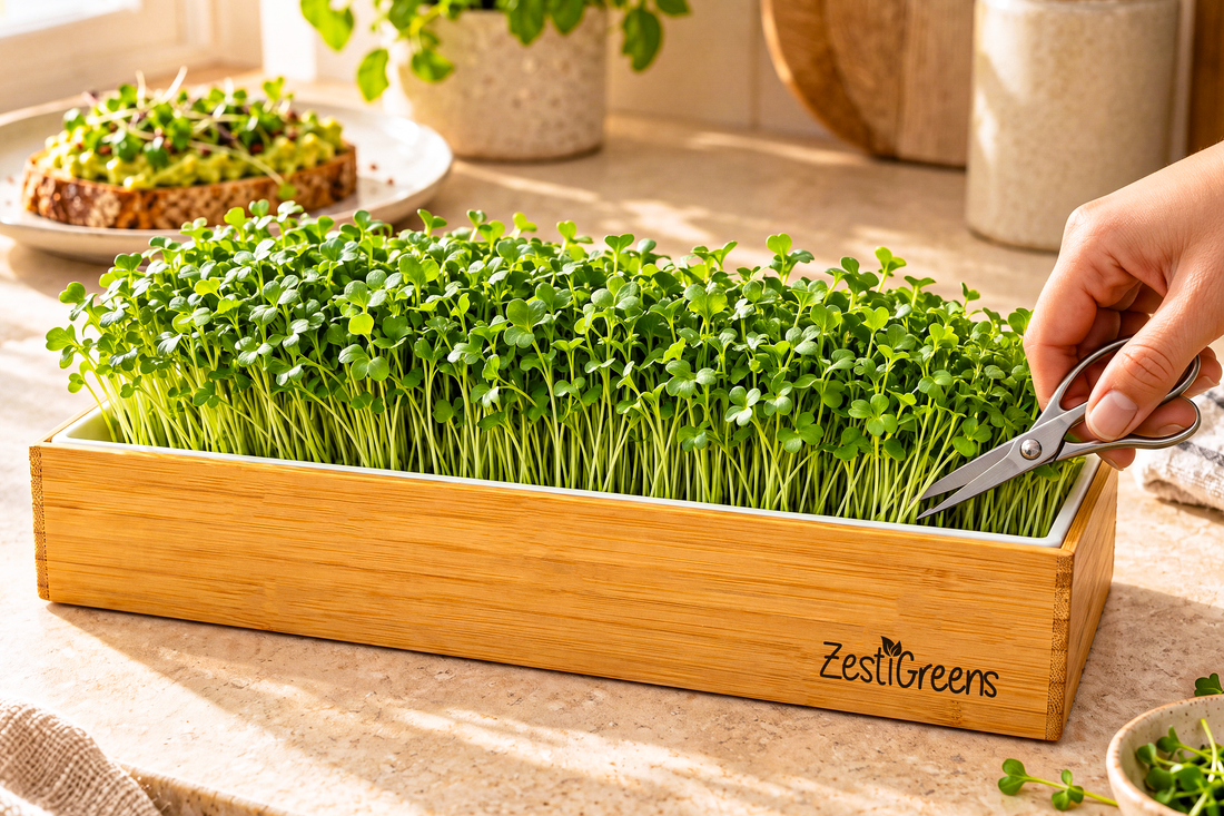 Bamboo microgreens kit with young greens ready to snip