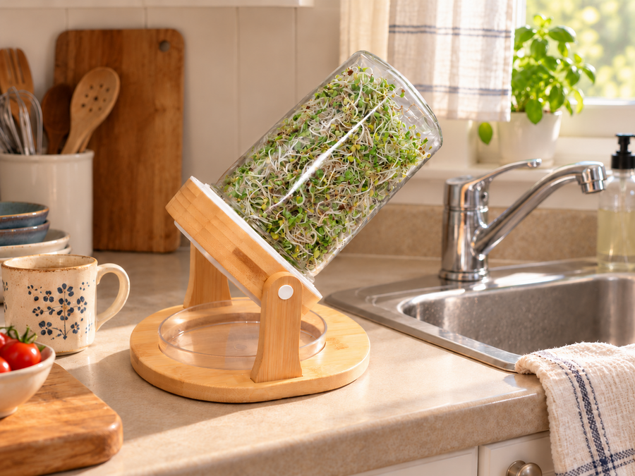 White Premium Jar Sprouter beside a kitchen sink