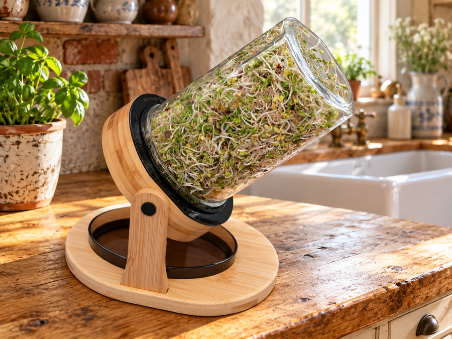 Black Premium Jar Sprouter in a warm kitchen