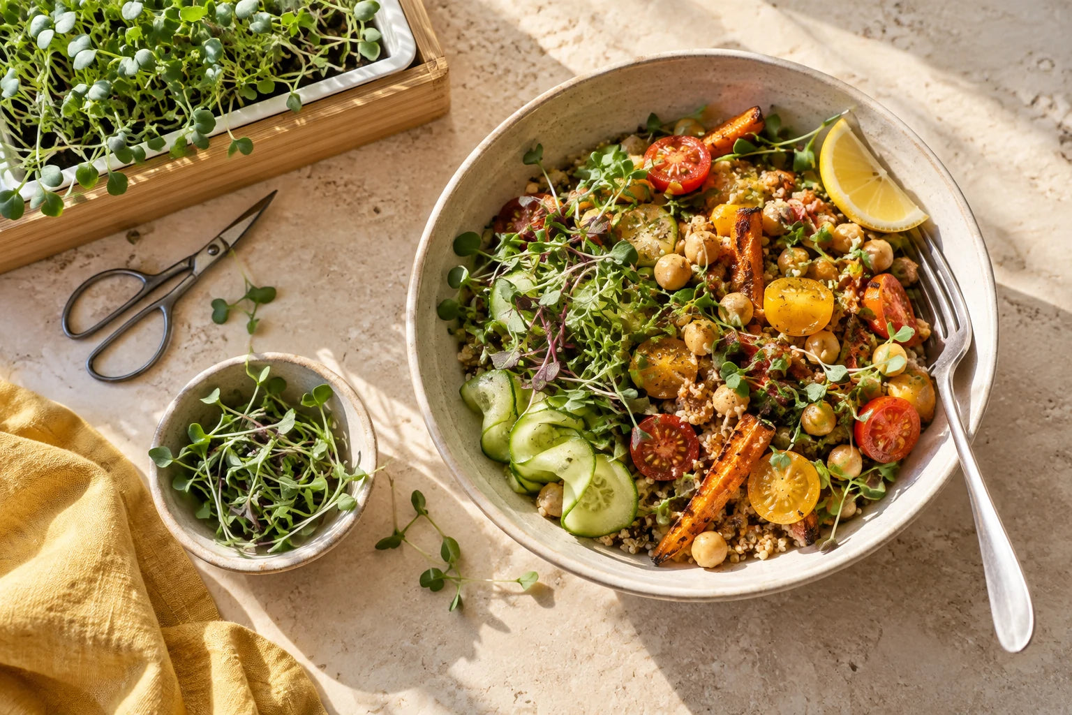 Serving inspiration: a colorful grain bowl with tomatoes, chickpeas and freshly harvested microgreens