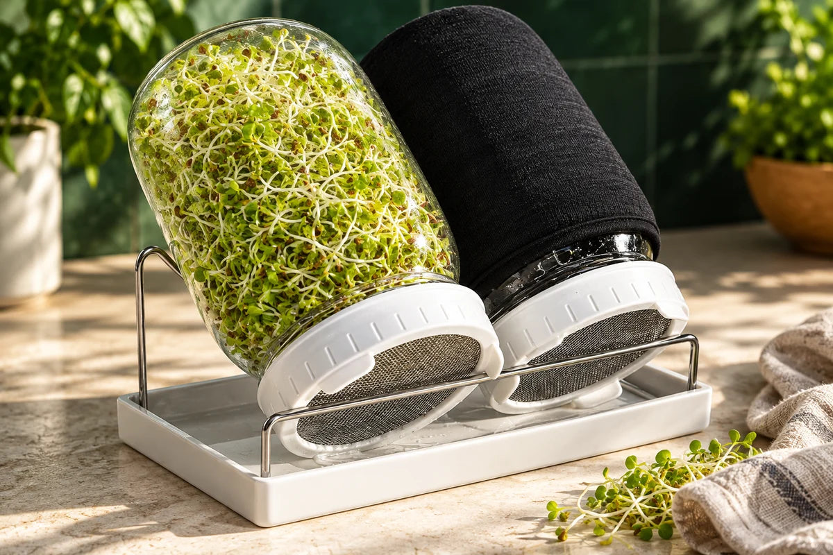 Sprouting jars with a fresh harvest of sprouts on a kitchen counter