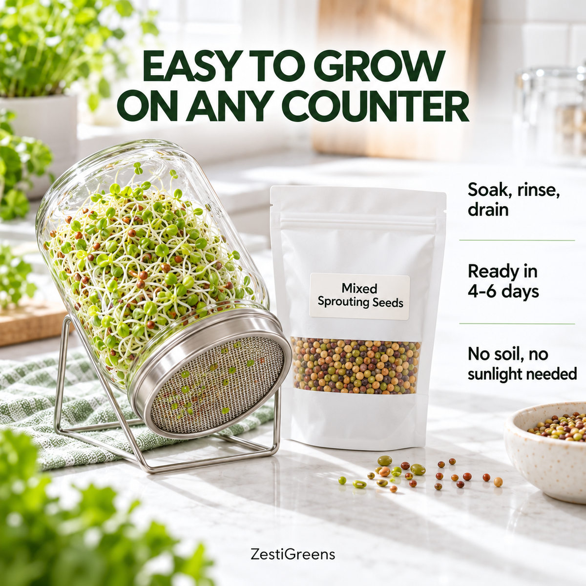 Sprouting jar on a stand with fresh sprouts next to a bag of Mixed Sprouting Seeds on a kitchen counter