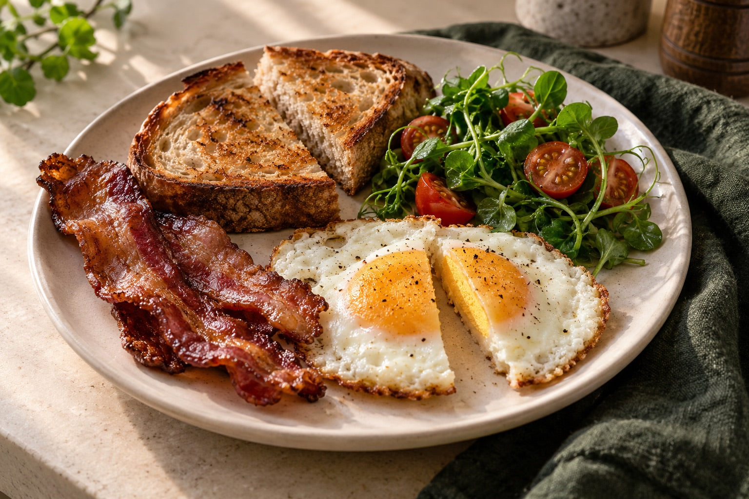 Styled serving inspiration: Egg and Bacon Toast Plate with Pea Shoot Salad