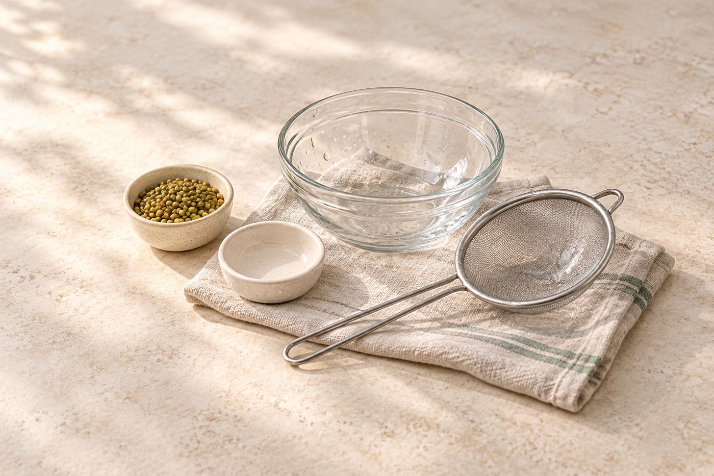 Washed kitchenware drying on a linen towel beside a bowl of seeds