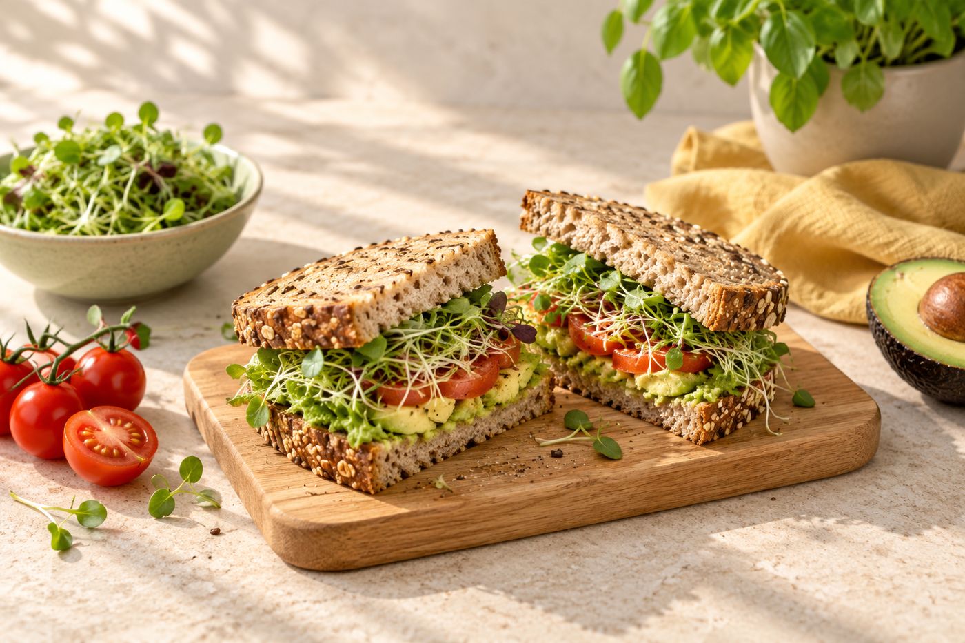 Serving inspiration: a sandwich on seeded bread layered with fresh sprouts, avocado and tomato