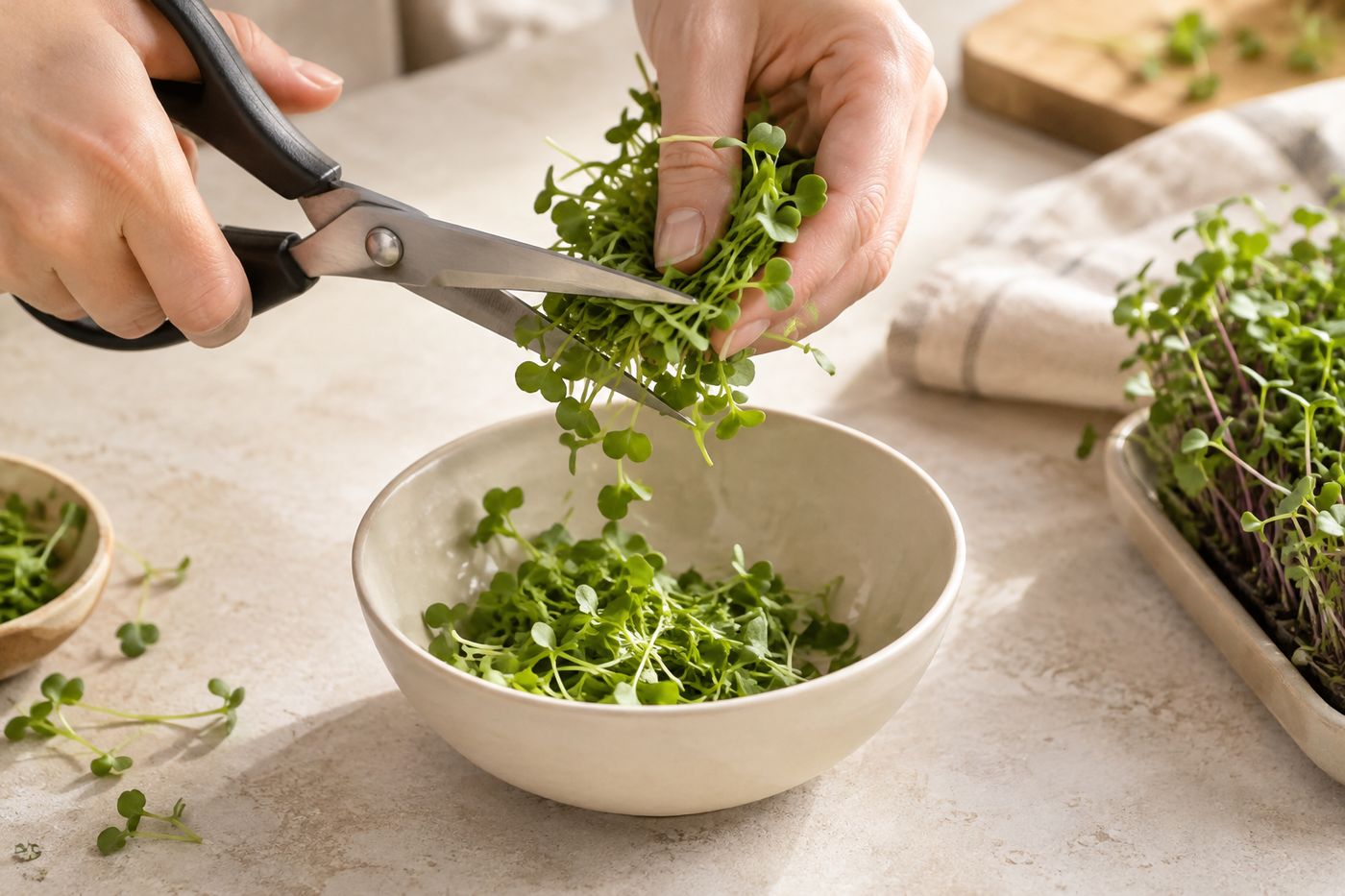 Scissors snipping fresh microgreens over a small bowl