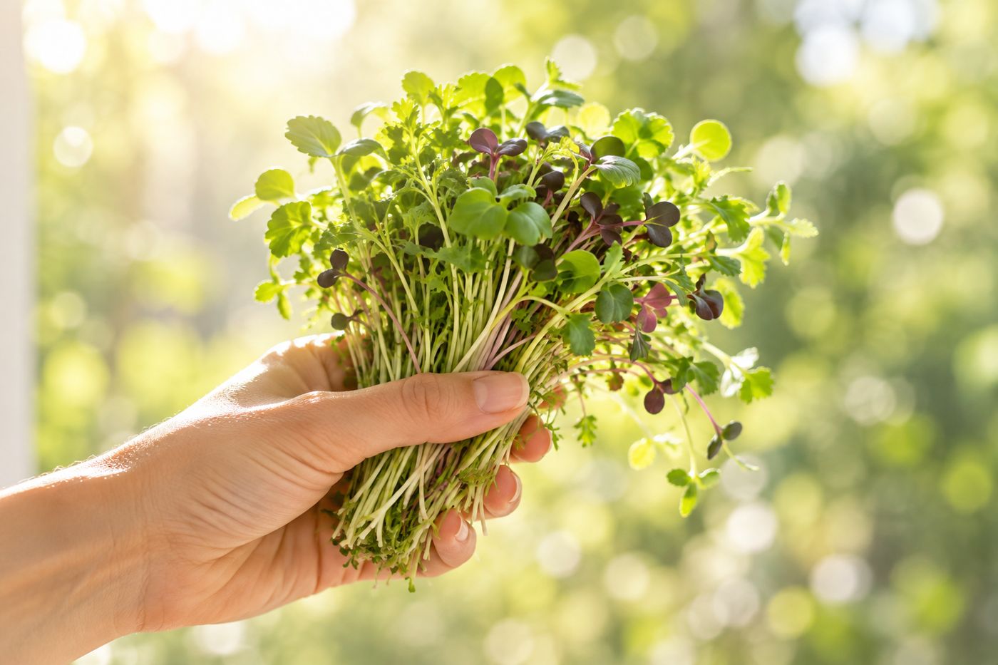 A hand holding a freshly cut bunch of microgreens in window light
