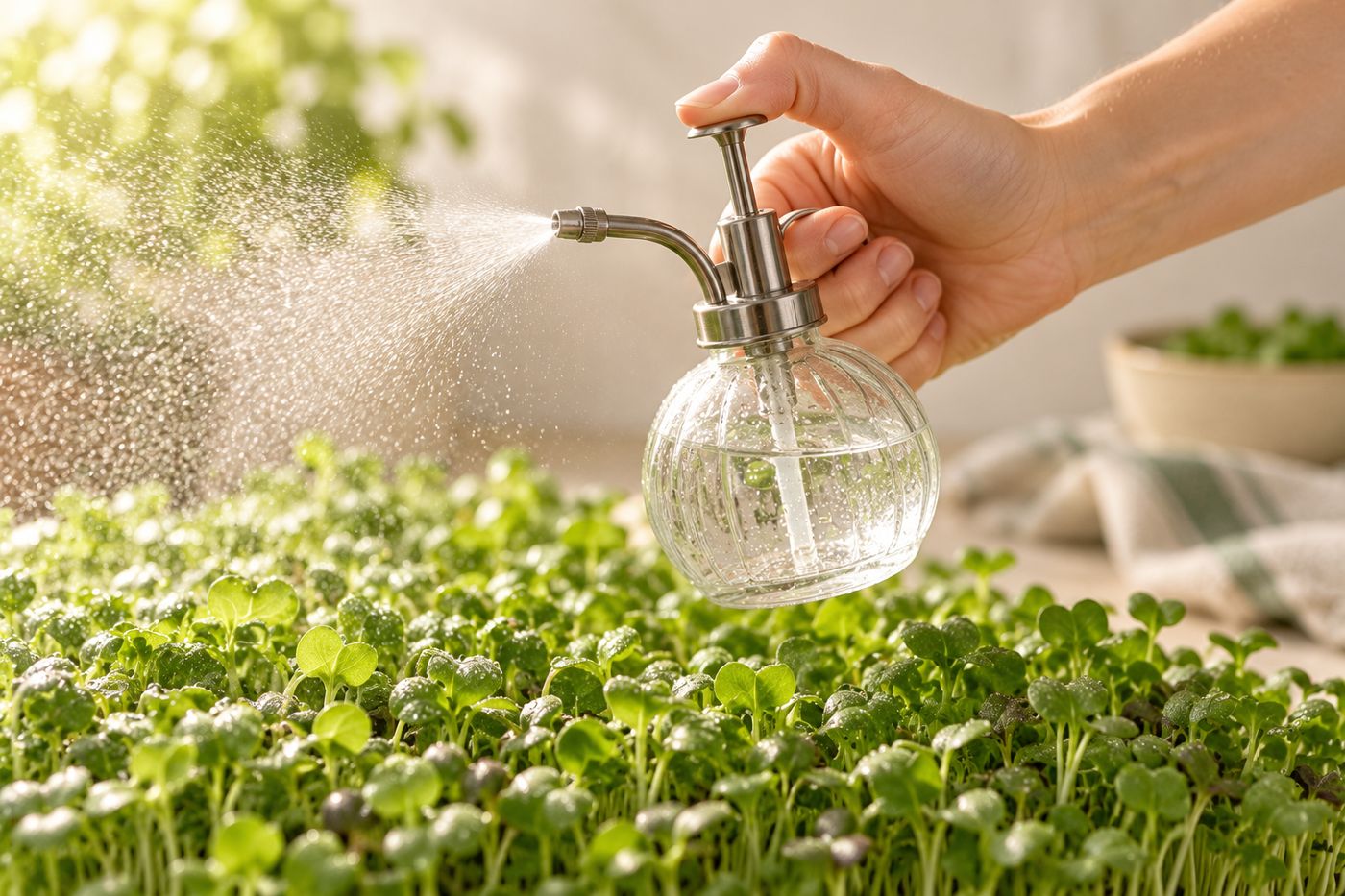 A hand misting young microgreens with a glass spray bottle