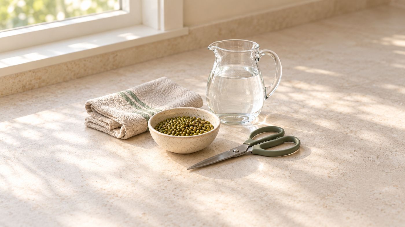 A cleared kitchen counter set out with a cloth, seeds, water and scissors