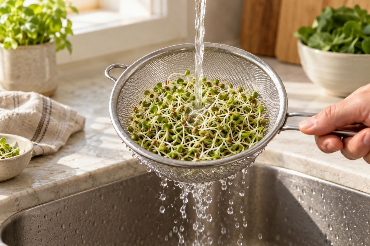 Fresh sprouts being rinsed in a sieve under running water