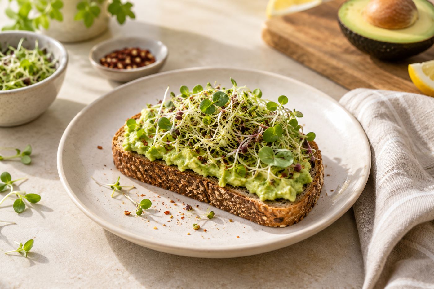 Avocado toast topped with fresh sprouts