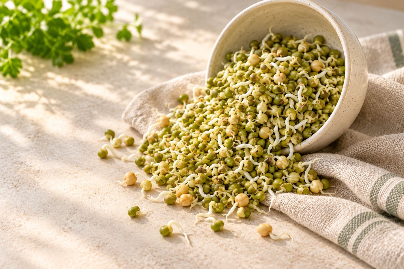 A heap of fresh sprouts spilling from a bowl onto a linen cloth