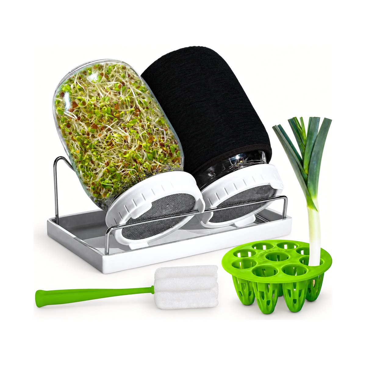 ZestiGreens jar sprouting kit: two jars on a stand with a drain tray